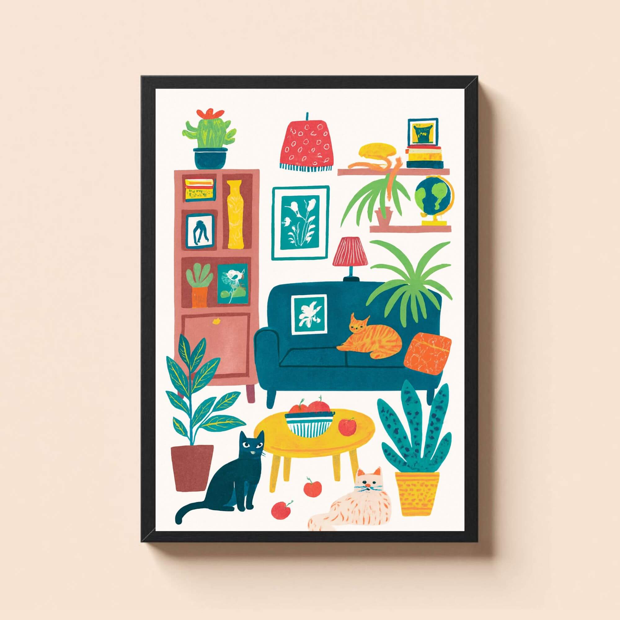 Cozy Cat Trio in Vibrant Living Room – Digital Wall Art for Cat Lovers - Image 2