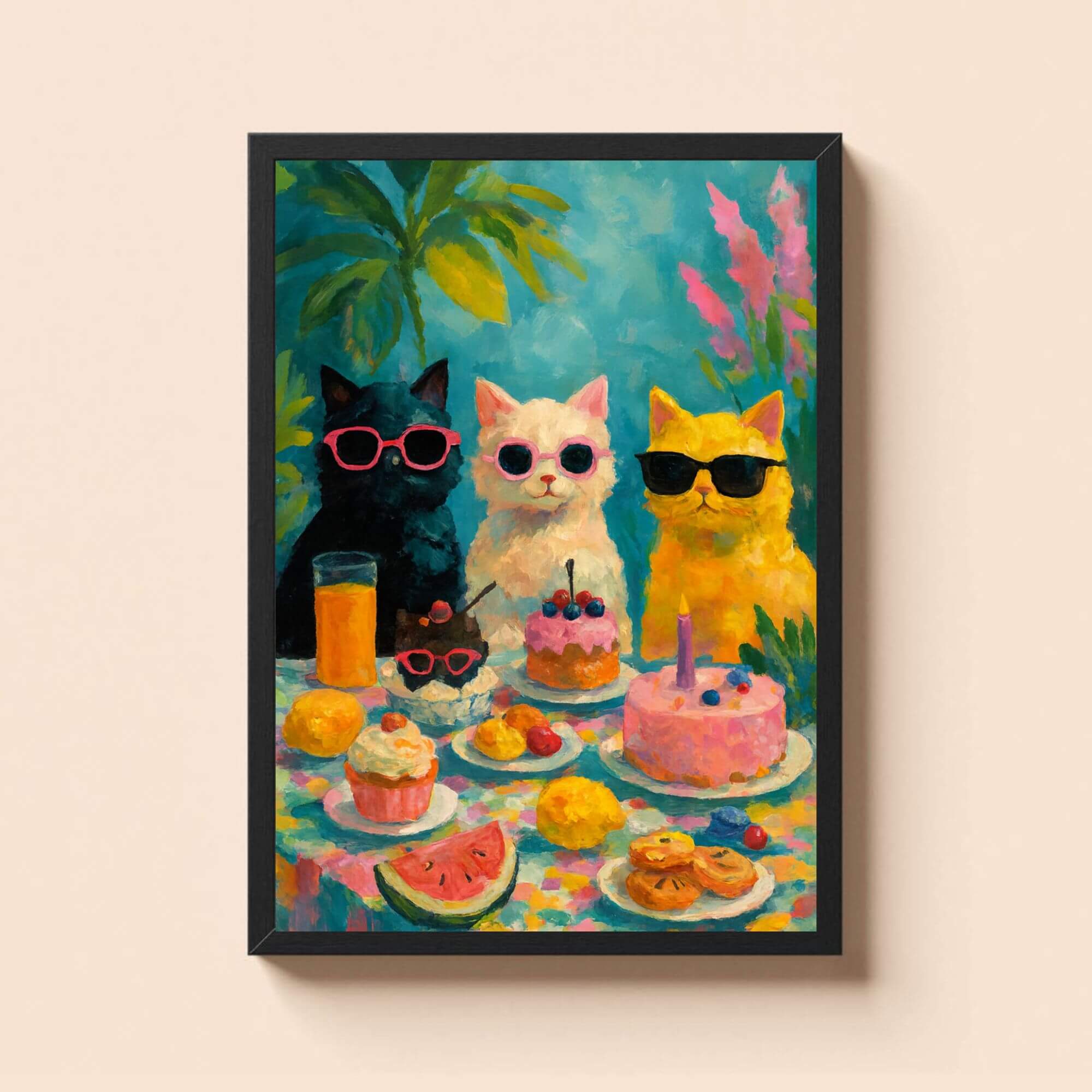 Cool Cats Dessert Party Wall Art – Tropical Sunglasses Cat Print for Kitchen or Cafe Decor - Image 2