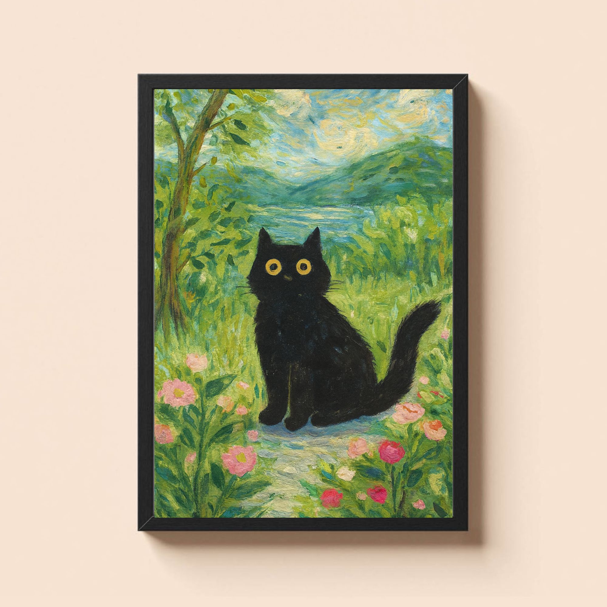 Mystical Black Cat Wall Art – Vibrant Garden Landscape Painting for Cat Lovers, Whimsical Home Decor - Image 2