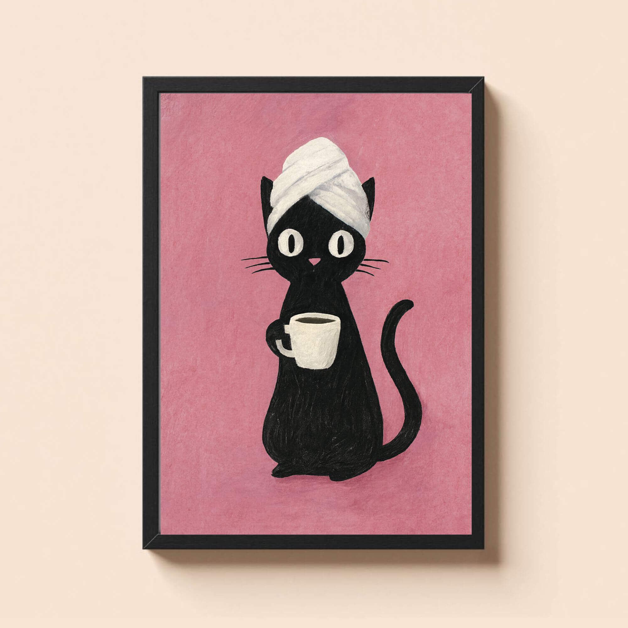Black Cat with Coffee Mug – Funny Cat Wall Art, Pink Background, Turban Towel Cat Print, Cozy Bathroom Decor - Image 2