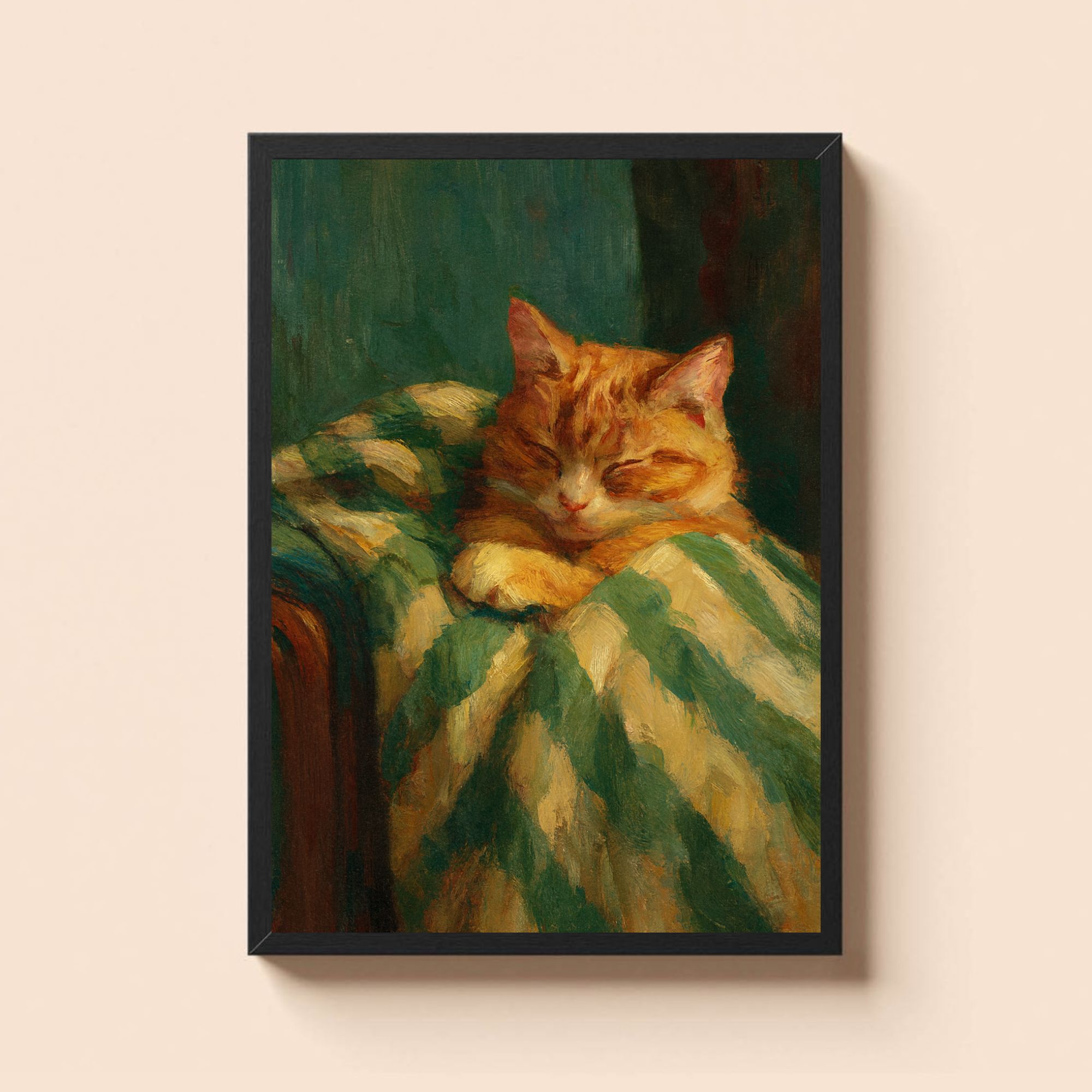 Cozy Sleeping Cat Wall Art, Vintage Oil Painting Style Cat Print, Warm Home Decor, Orange Tabby Cat Artwork, Relaxing Cat Illustration, Cat Lover Gift - Image 2