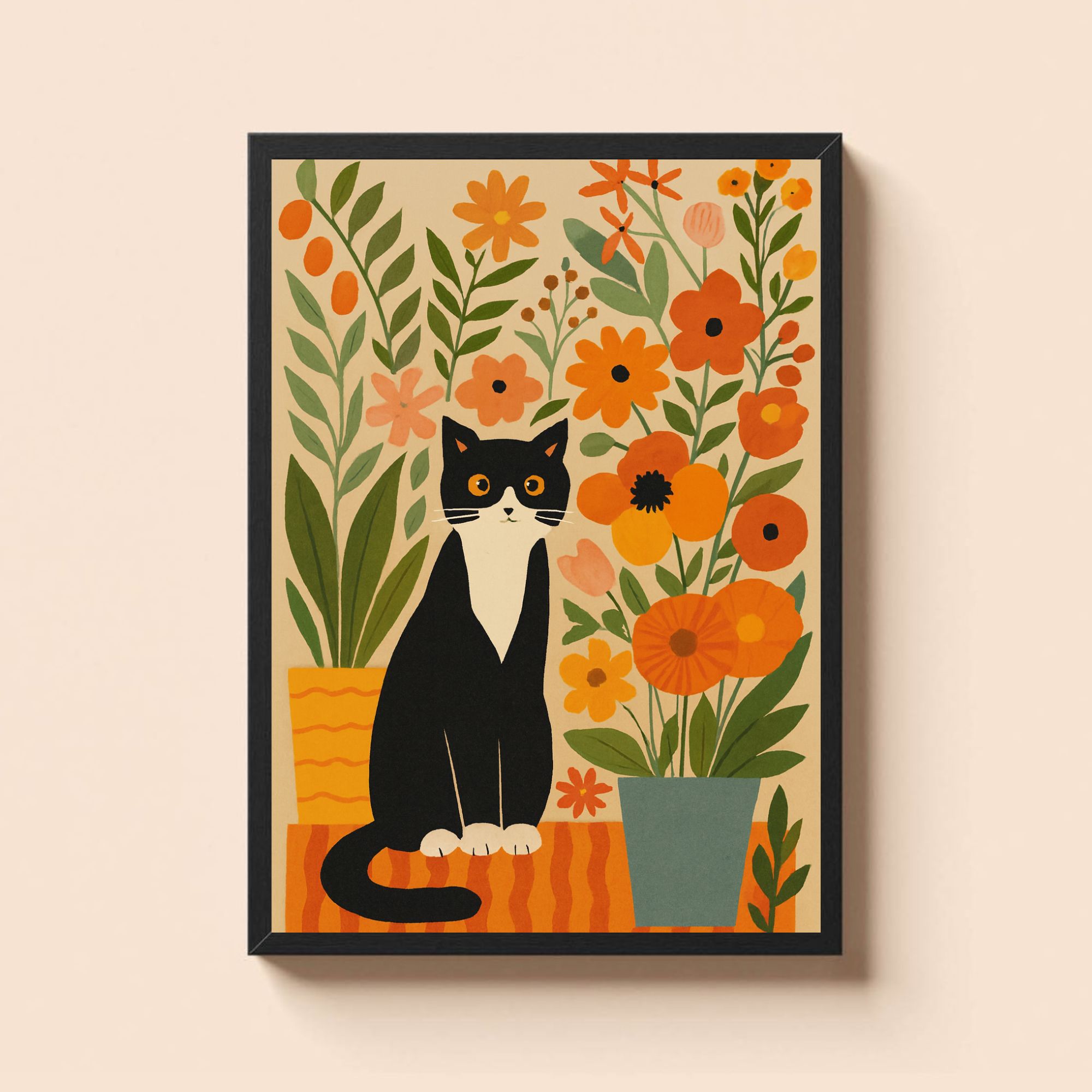 Whimsical Black & White Cat Wall Art – Floral Decor for Living Room, Cute Animal Print, Orange Botanical Illustration - Image 2