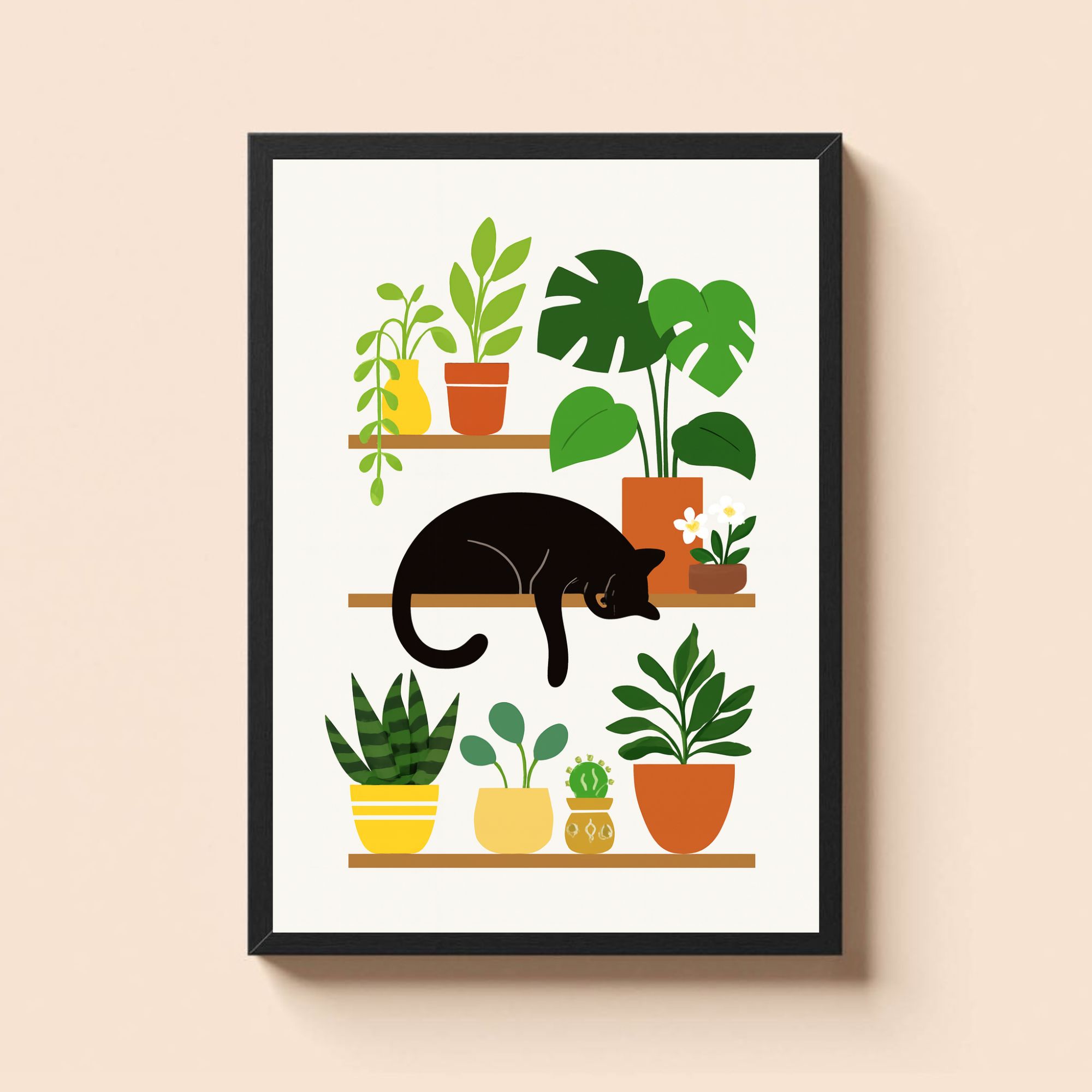 Sleeping Black Cat on Plant Shelf – Cozy Botanical Wall Art, Minimalist Cat Lover Gift, Boho Home Decor Printable - Image 2