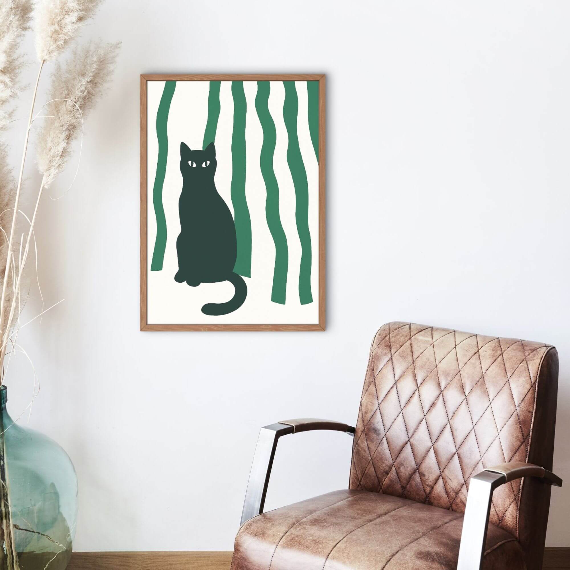 Minimalist Black Cat Wall Art – Modern Silhouette Cat Print – Abstract Botanical Cat Decor for Living Room or Office - Image 3