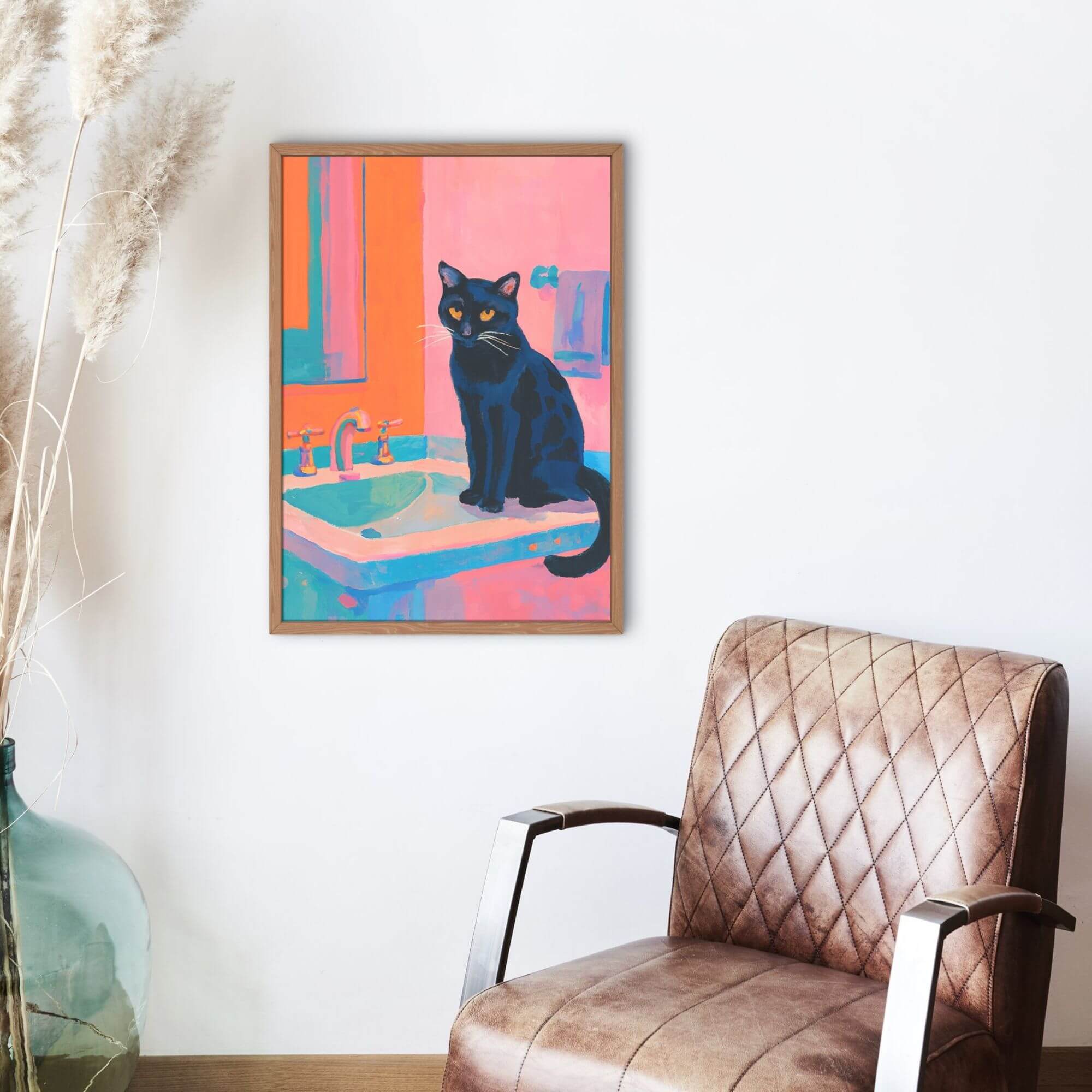 Black Cat Bathroom Wall Art – Vibrant Abstract Cat Print with Orange Eyes – Quirky Colorful Cat Decor for Home or Gift - Image 4