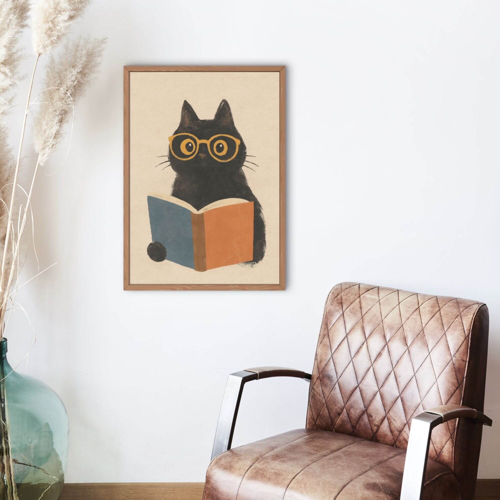 Black Cat Reading Book Wall Art – Cute Cat Poster with Glasses – Whimsical Animal Decor for Book Lovers & Kids Room - Image 3