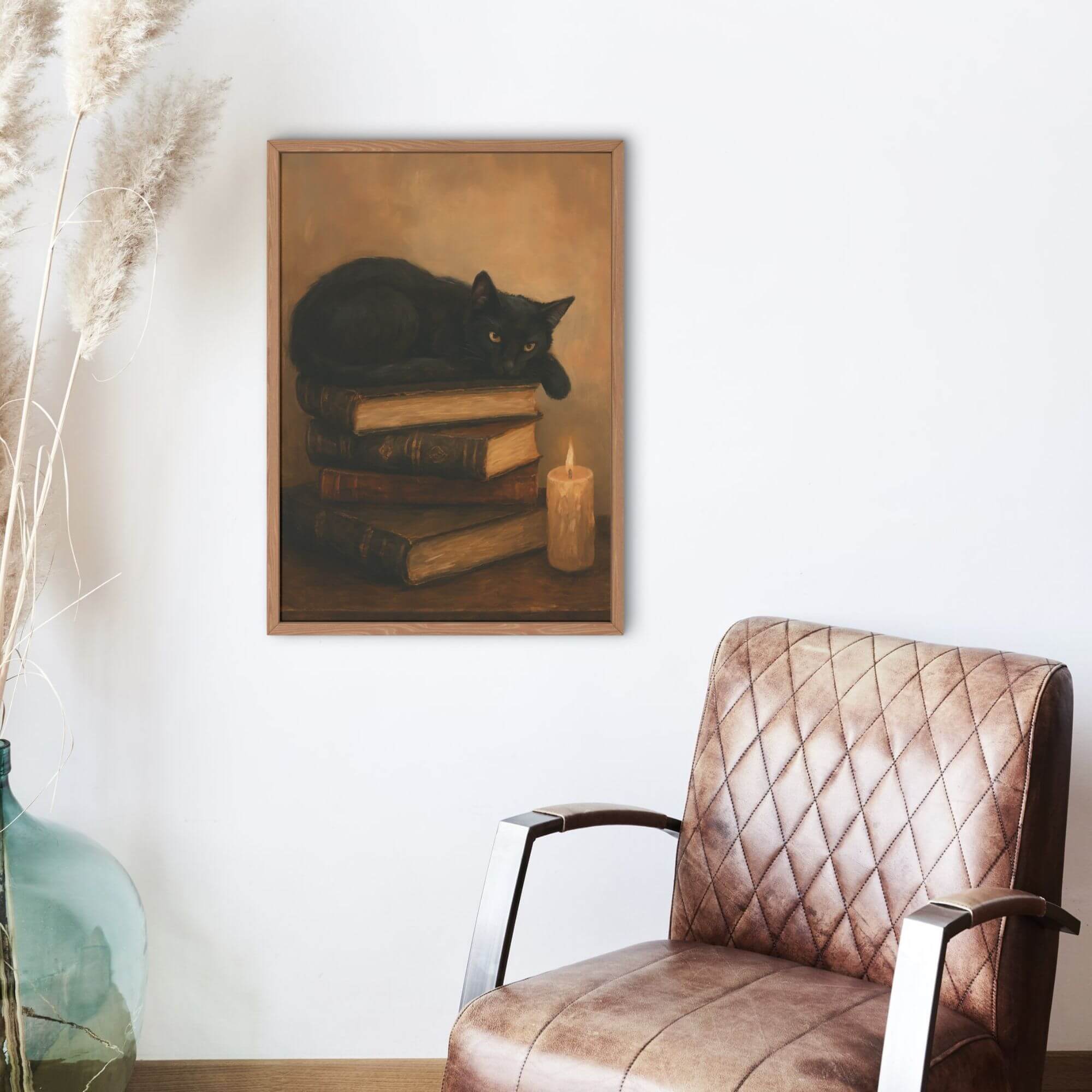 Mystical Black Cat Wall Art – Vintage Books & Candlelight – Cozy Gothic Home Decor Print - Image 3