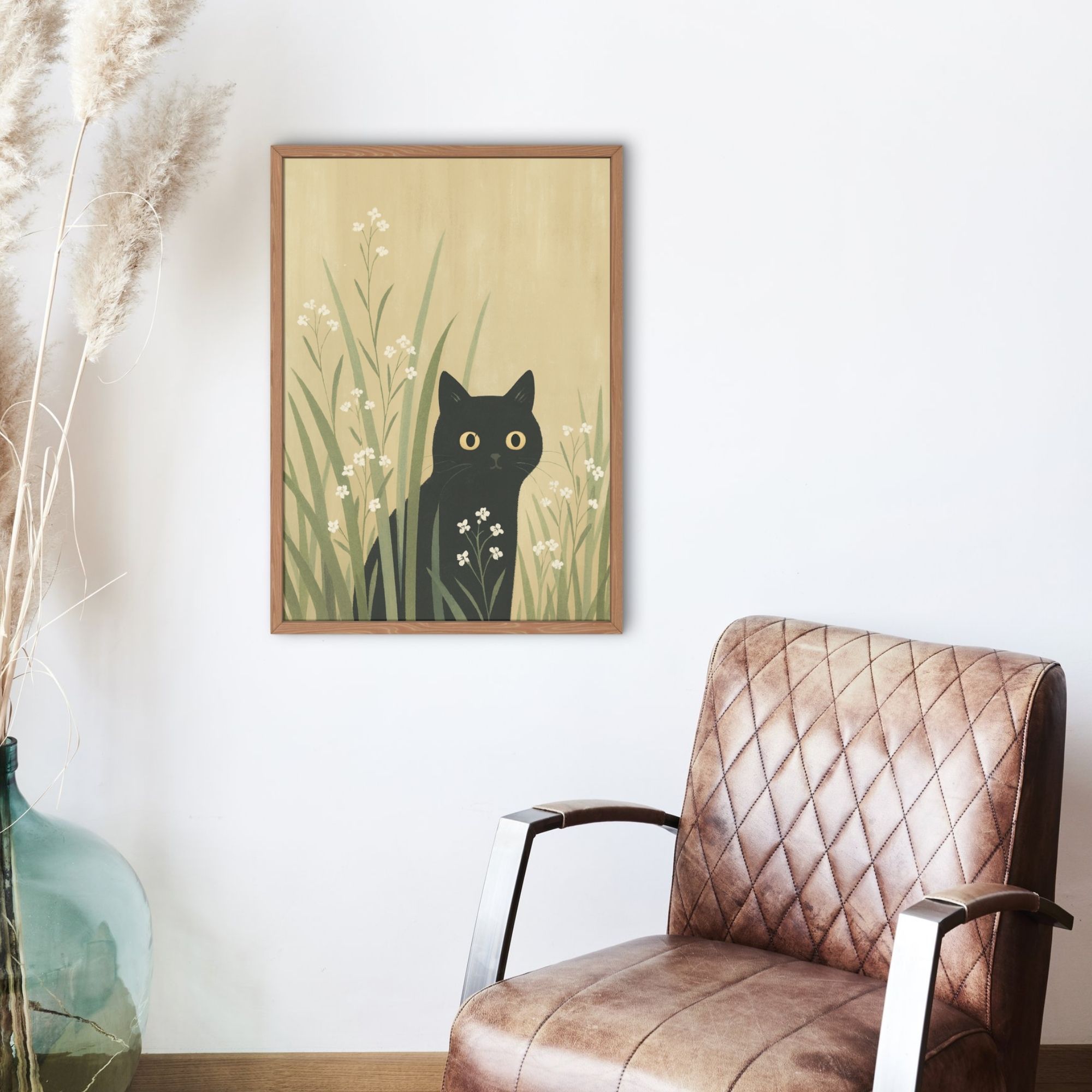Black Cat Wall Art – Minimalist Cat Print with Wildflowers, Boho Animal Decor for Living Room or Nursery - Image 3