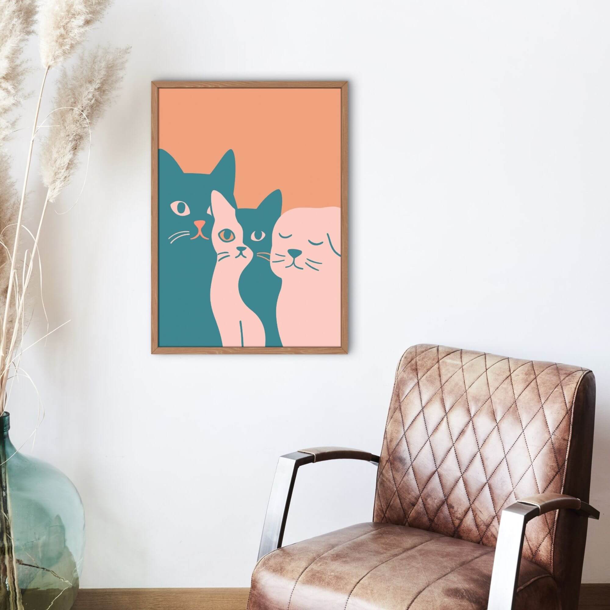 Modern Cat Wall Art – Minimalist Teal & Pink Animal Print, Cute Pet Decor for Living Room or Nursery - Image 3