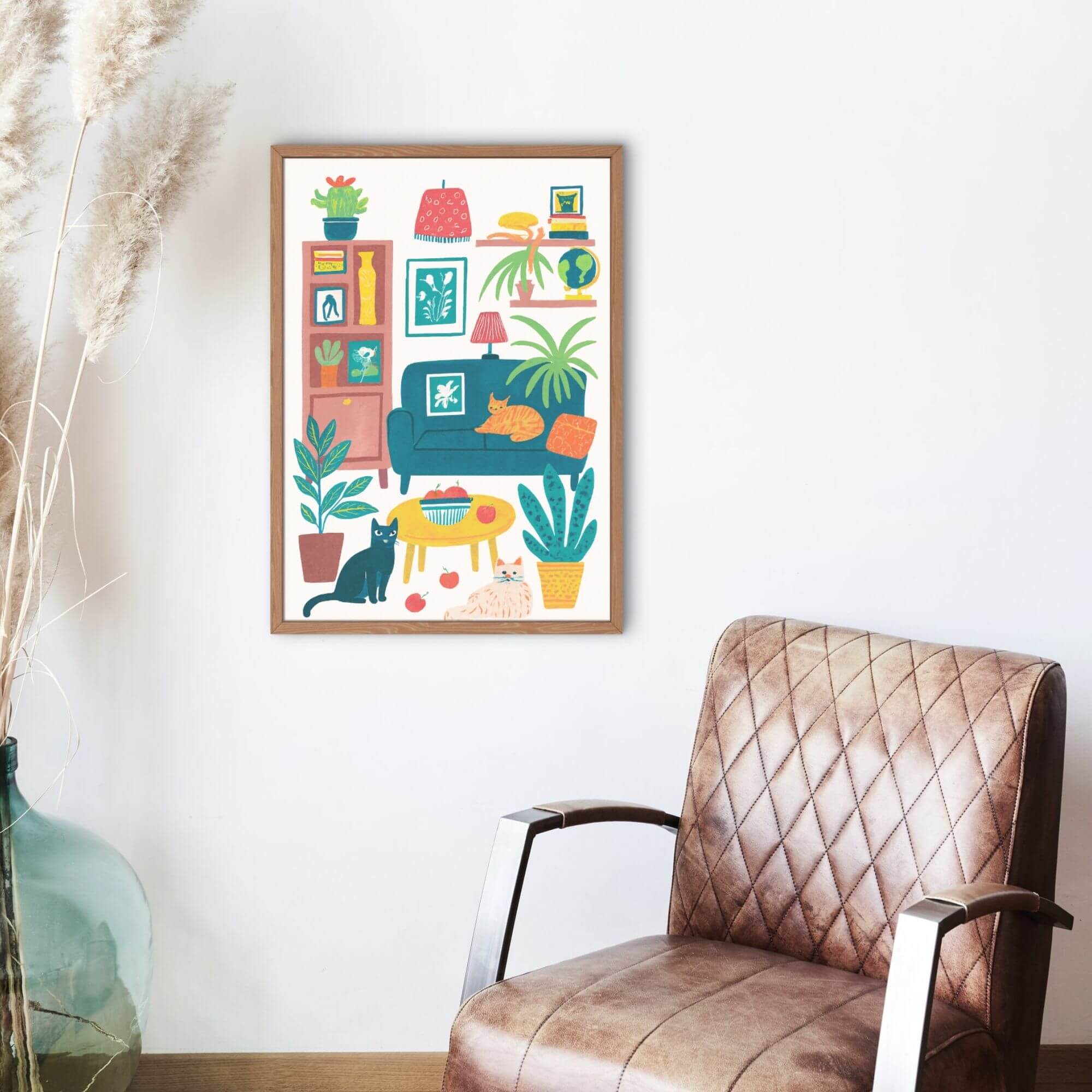 Cozy Cat Trio in Vibrant Living Room – Digital Wall Art for Cat Lovers - Image 3