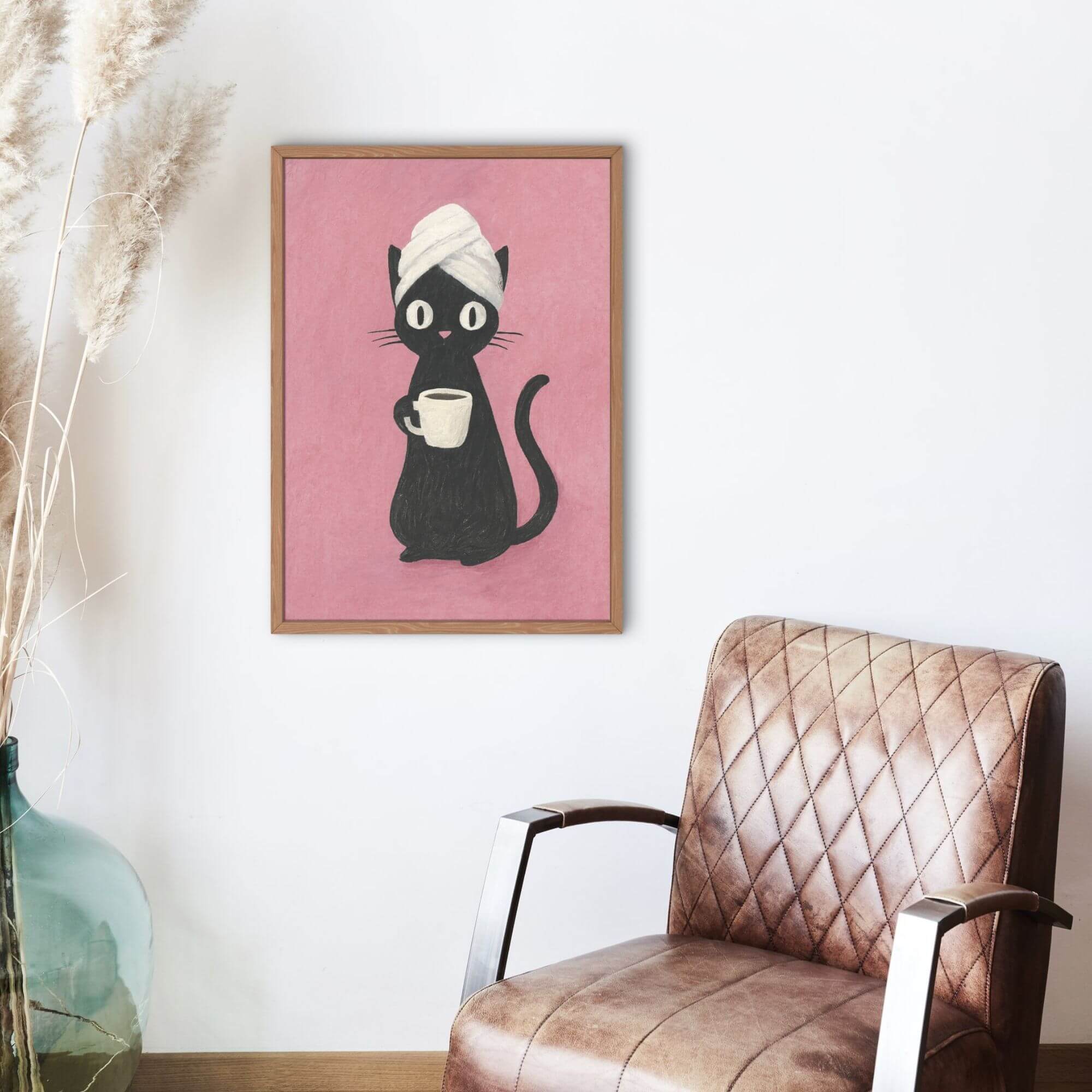 Black Cat with Coffee Mug – Funny Cat Wall Art, Pink Background, Turban Towel Cat Print, Cozy Bathroom Decor - Image 3