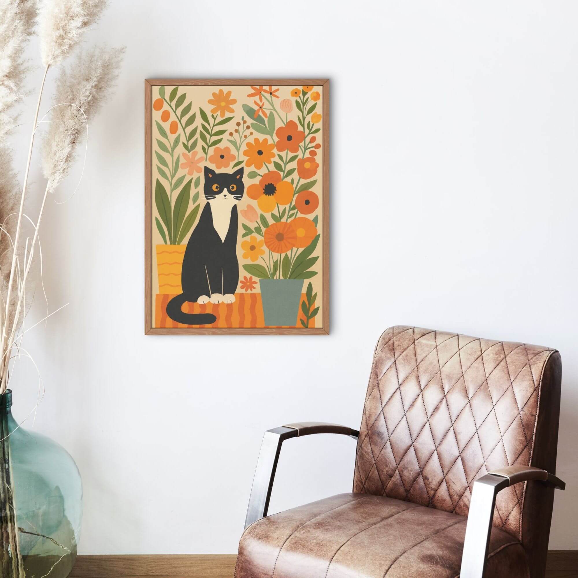 Whimsical Black & White Cat Wall Art – Floral Decor for Living Room, Cute Animal Print, Orange Botanical Illustration - Image 3