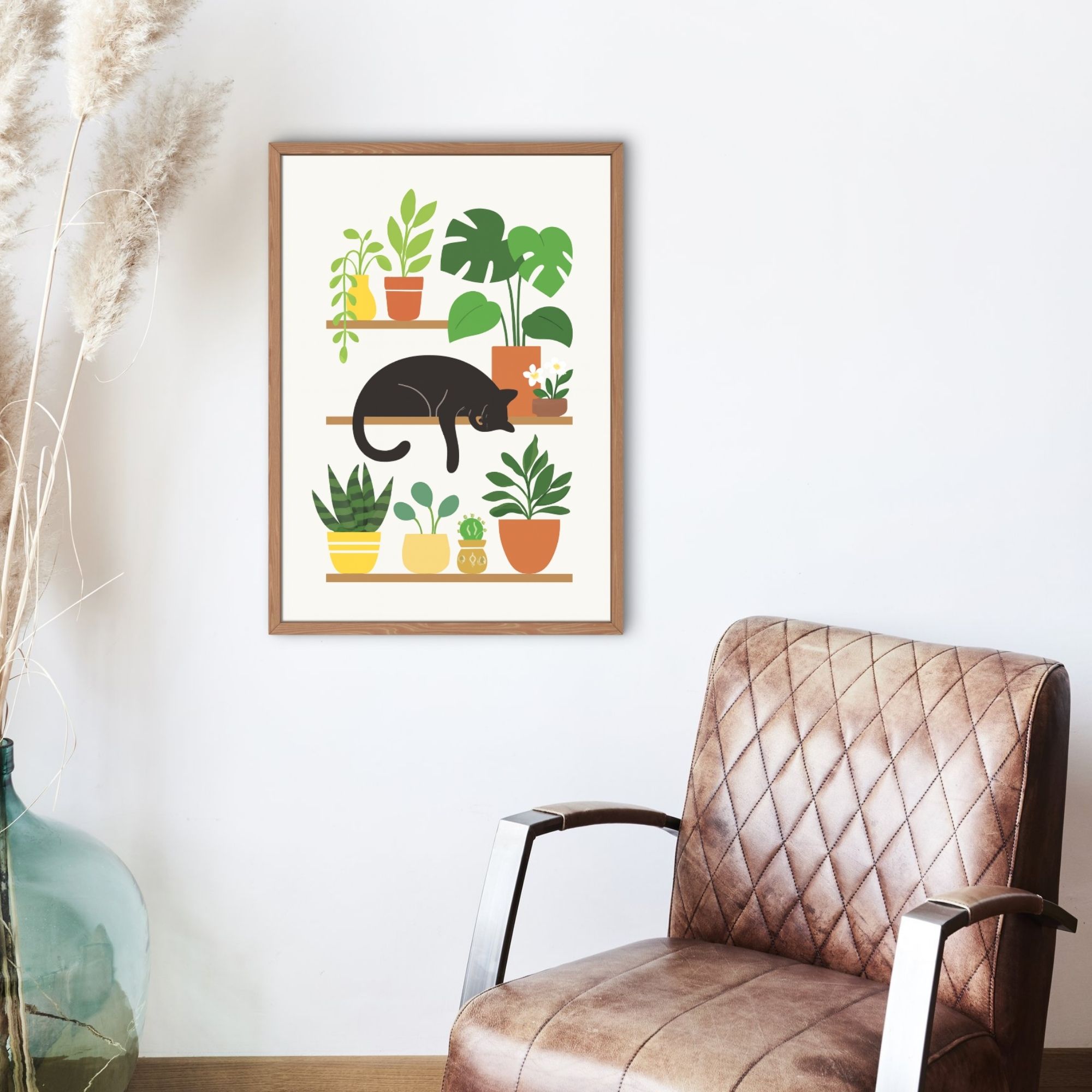 Sleeping Black Cat on Plant Shelf – Cozy Botanical Wall Art, Minimalist Cat Lover Gift, Boho Home Decor Printable - Image 3