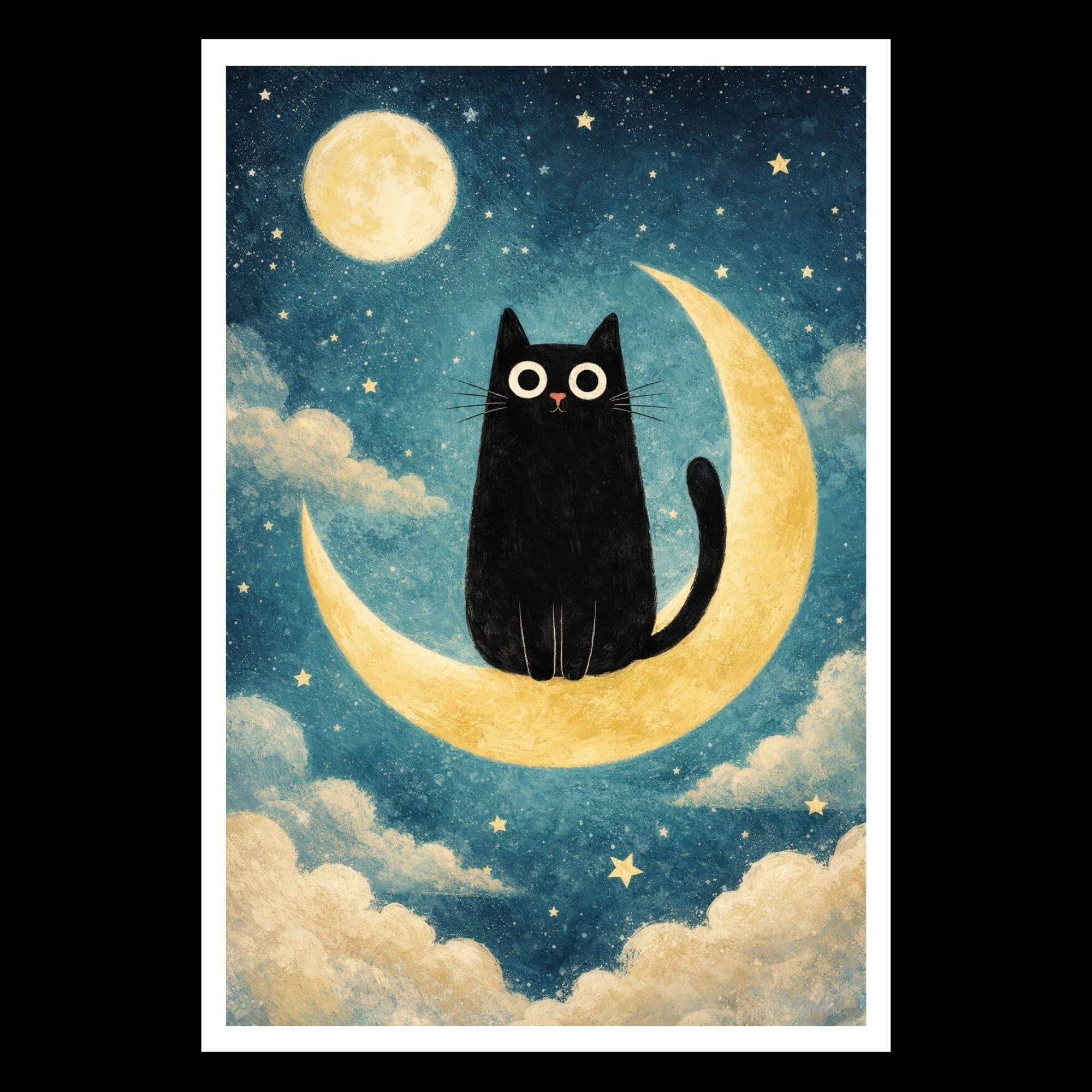 Black Cat on Crescent Moon - Whimsical Night Sky Wall Art, Starry Nursery Decor - Image 4