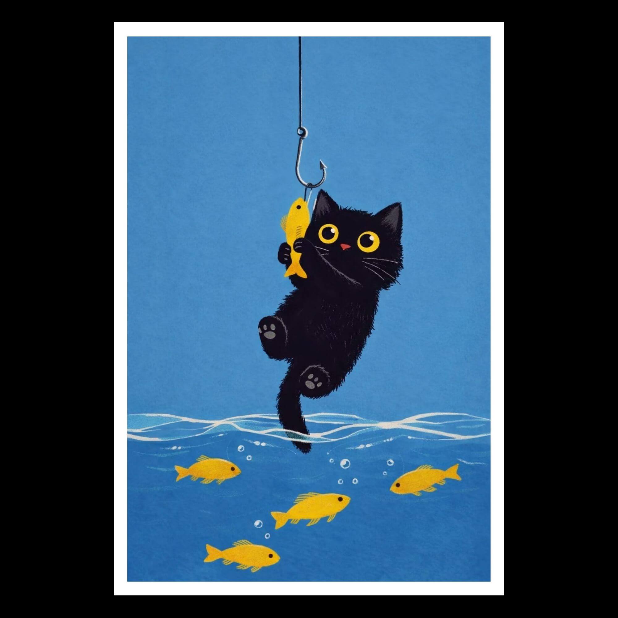 Black Cat and Yellow Fish - Quirky Ocean Artwork, Whimsical Pet Decor - Image 4