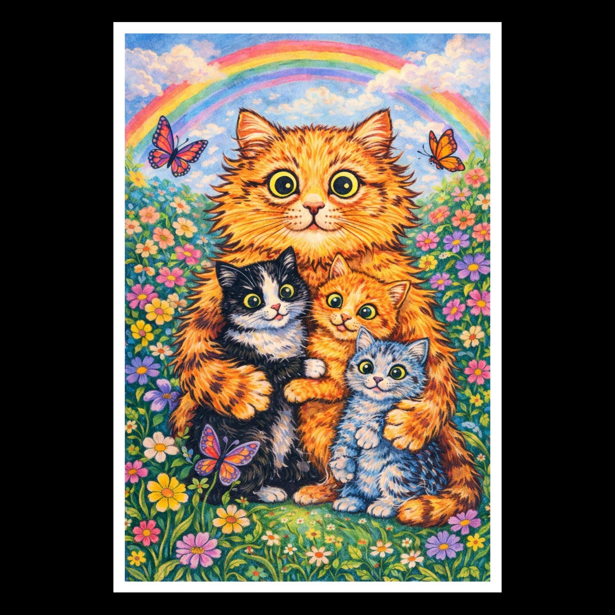 Magical Cat Family Wall Art - Rainbow Floral Poster, Whimsical Nursery Decor, No Text - Image 4