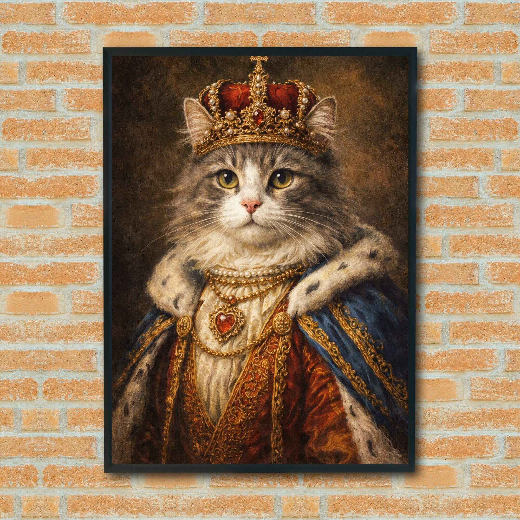 Royal Cat Portrait Wall Art – Crowned Feline King Poster, Whimsical Regal Decor