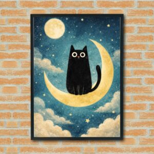 Black Cat on Crescent Moon – Whimsical Night Sky Wall Art, Starry Nursery Decor