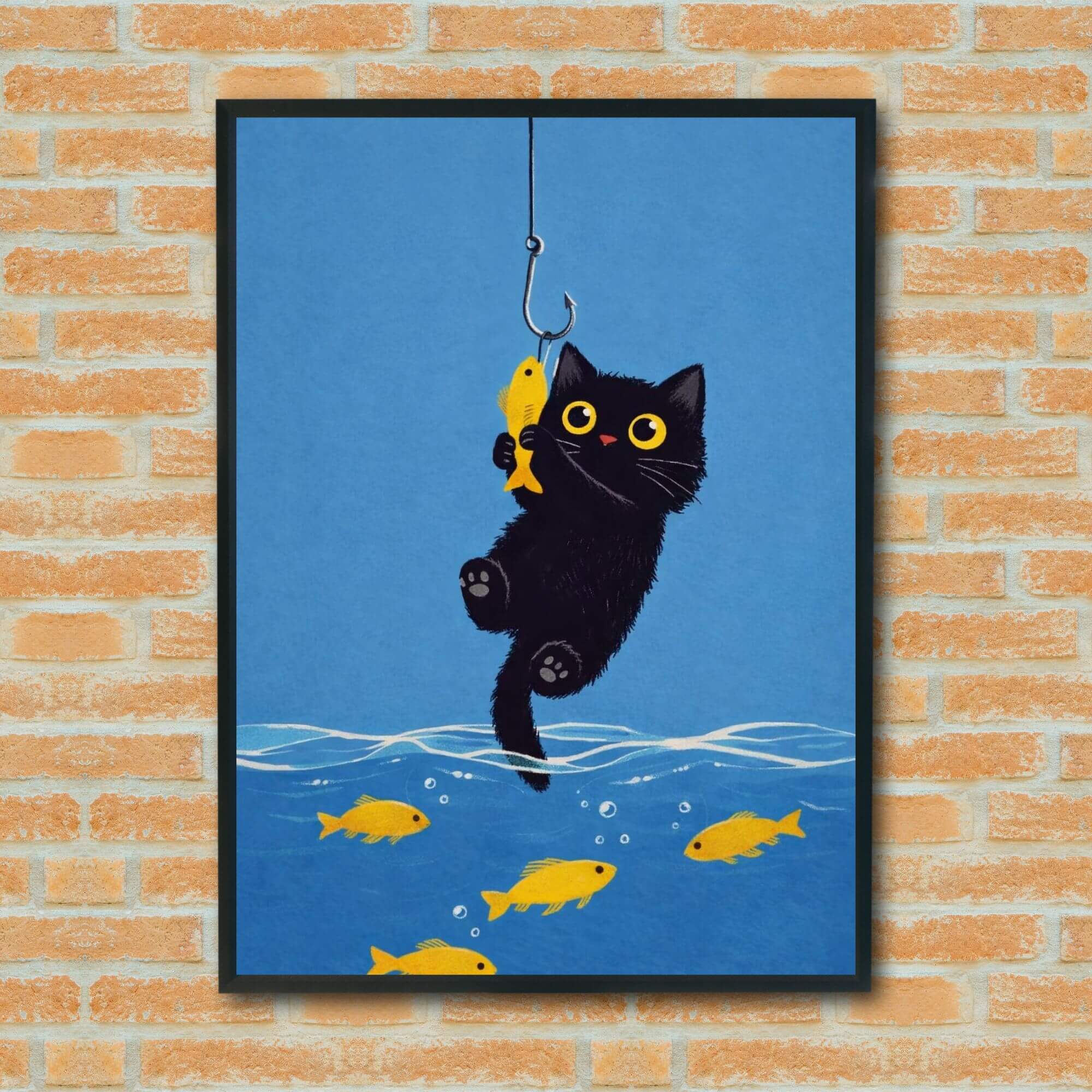 Black Cat and Yellow Fish – Quirky Ocean Artwork, Whimsical Pet Decor