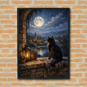 Whimsical Cat Lantern Scene – Starry Night Village Poster, Dreamy Wall Art