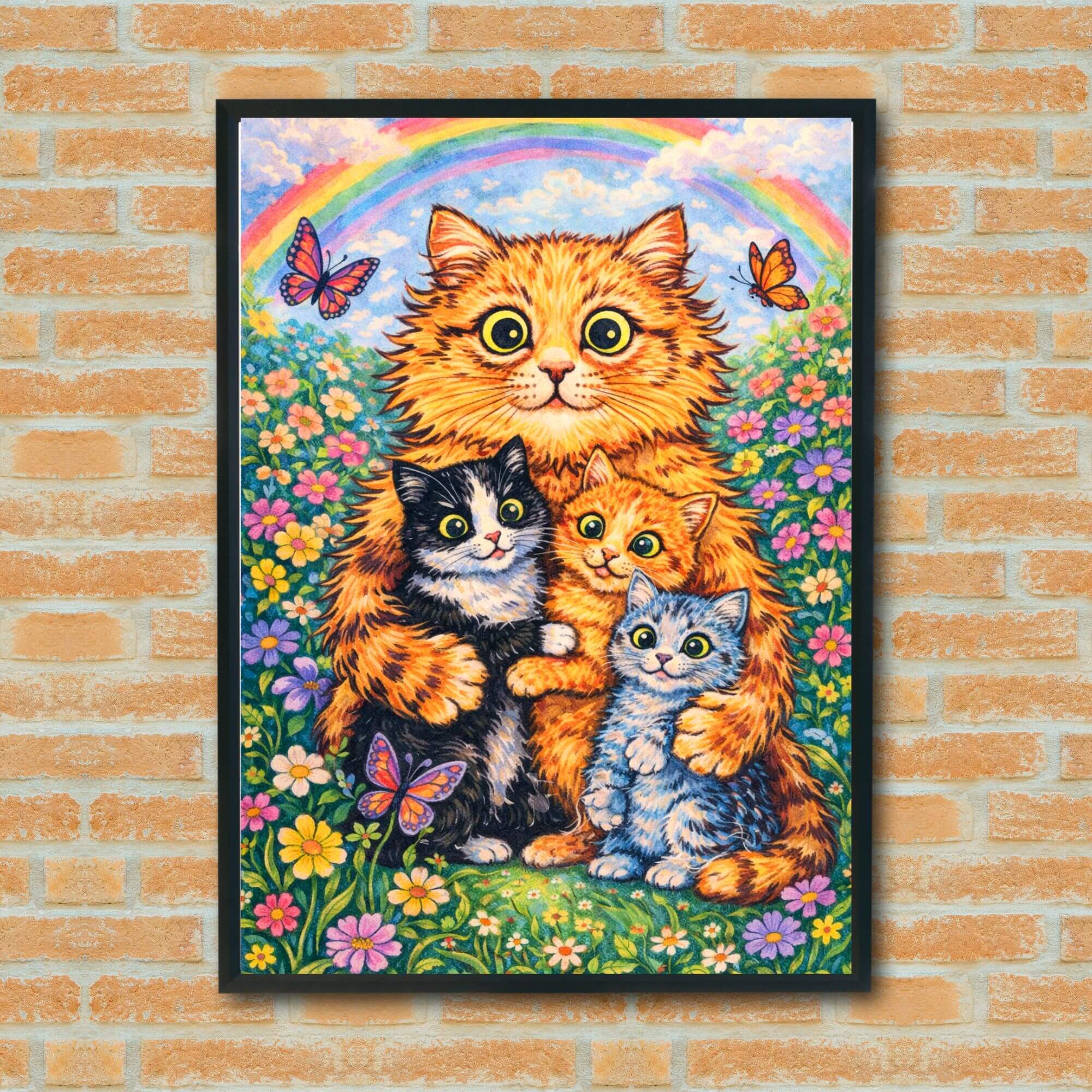 Magical Cat Family Wall Art – Rainbow Floral Poster, Whimsical Nursery Decor, No Text