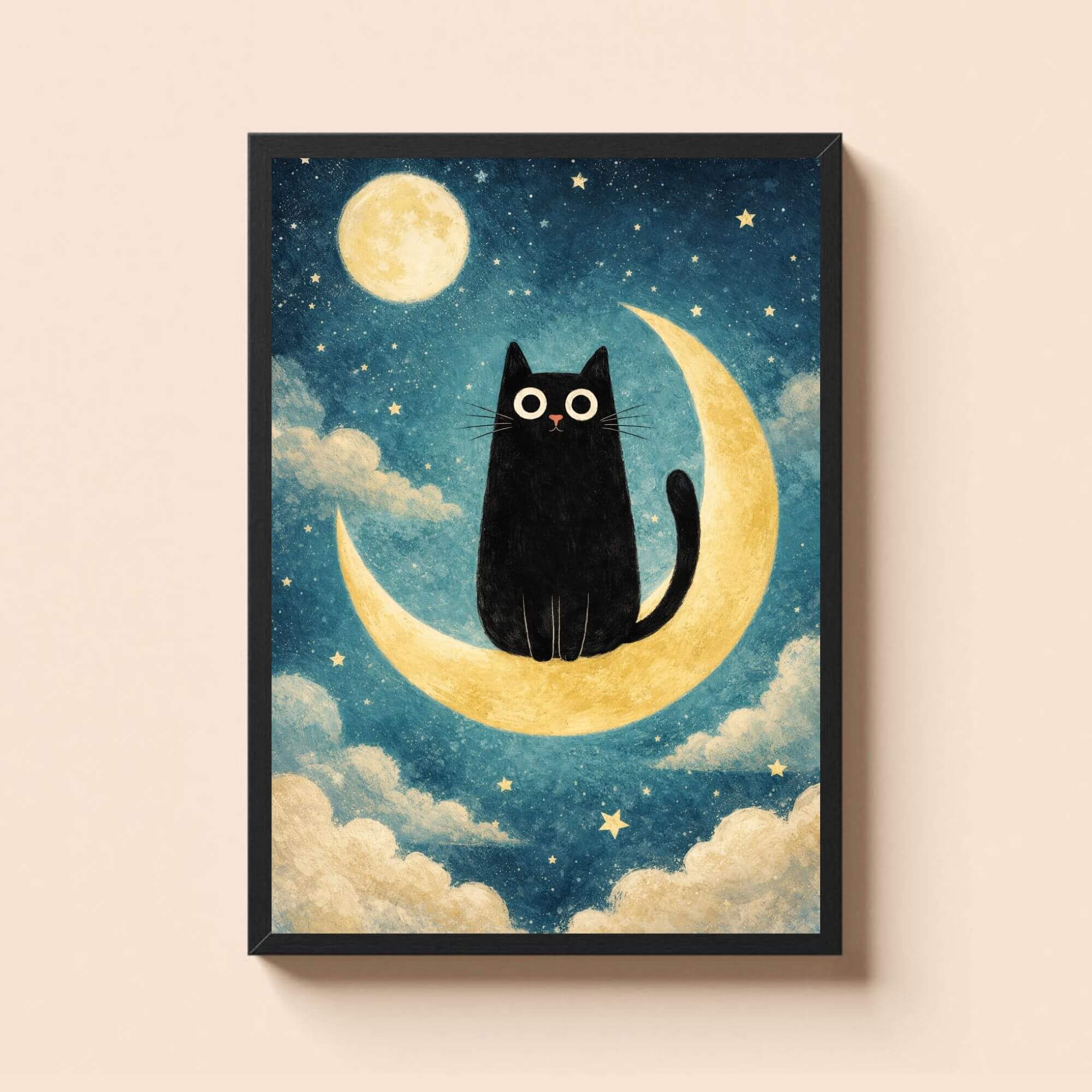 Black Cat on Crescent Moon - Whimsical Night Sky Wall Art, Starry Nursery Decor - Image 2