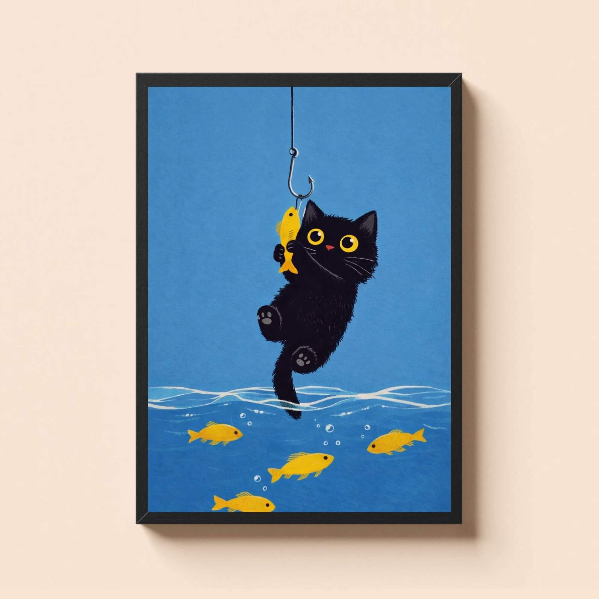Black Cat and Yellow Fish - Quirky Ocean Artwork, Whimsical Pet Decor - Image 2