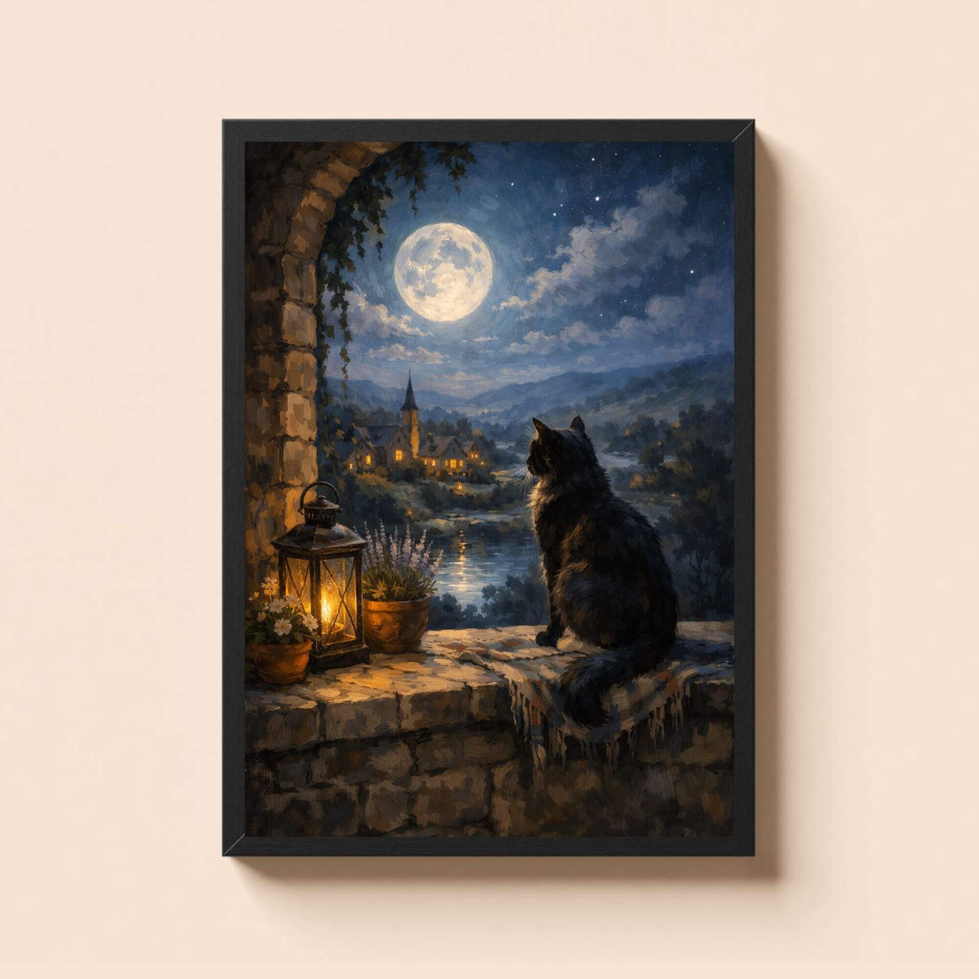 Whimsical Cat Lantern Scene - Starry Night Village Poster, Dreamy Wall Art - Image 2