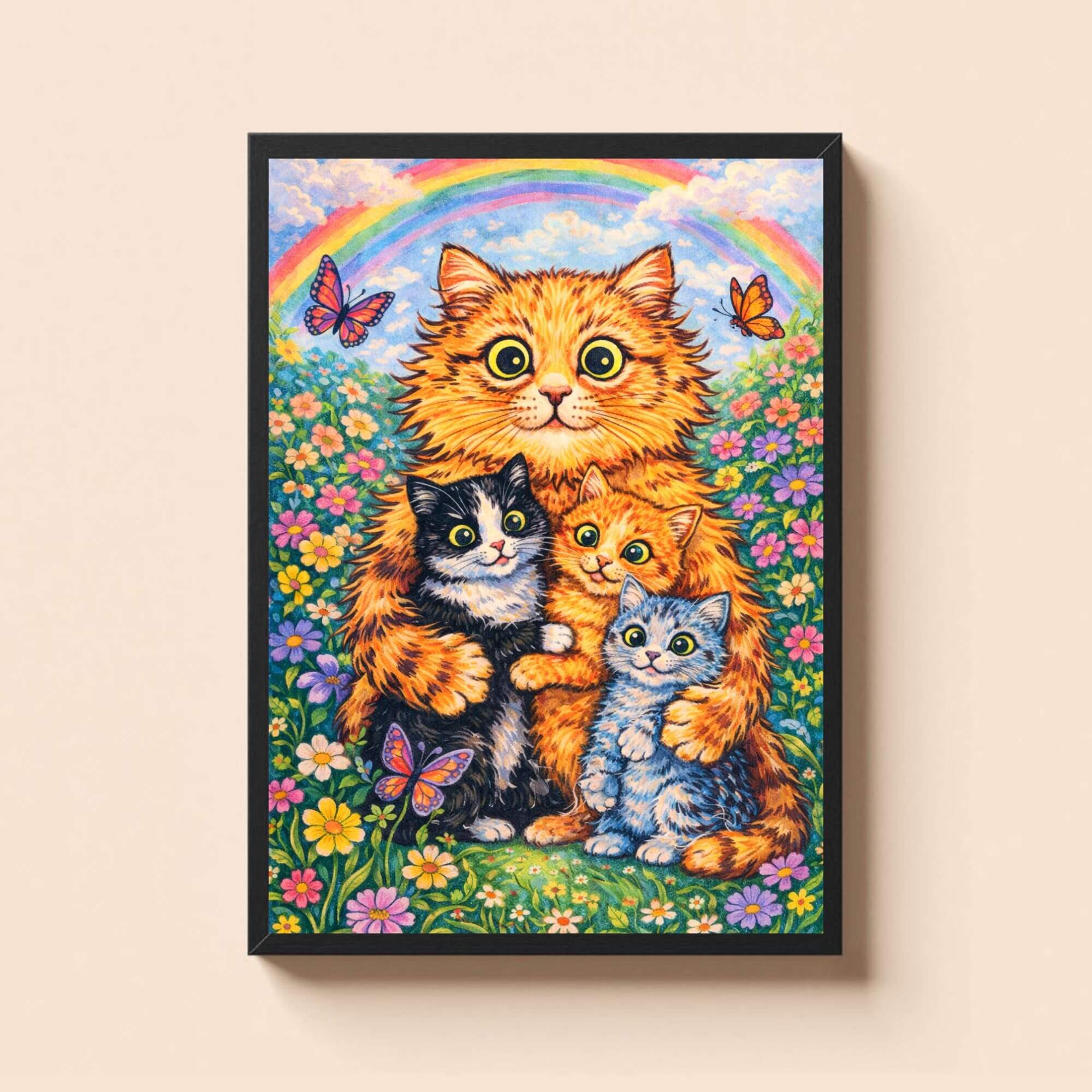 Magical Cat Family Wall Art - Rainbow Floral Poster, Whimsical Nursery Decor, No Text - Image 2