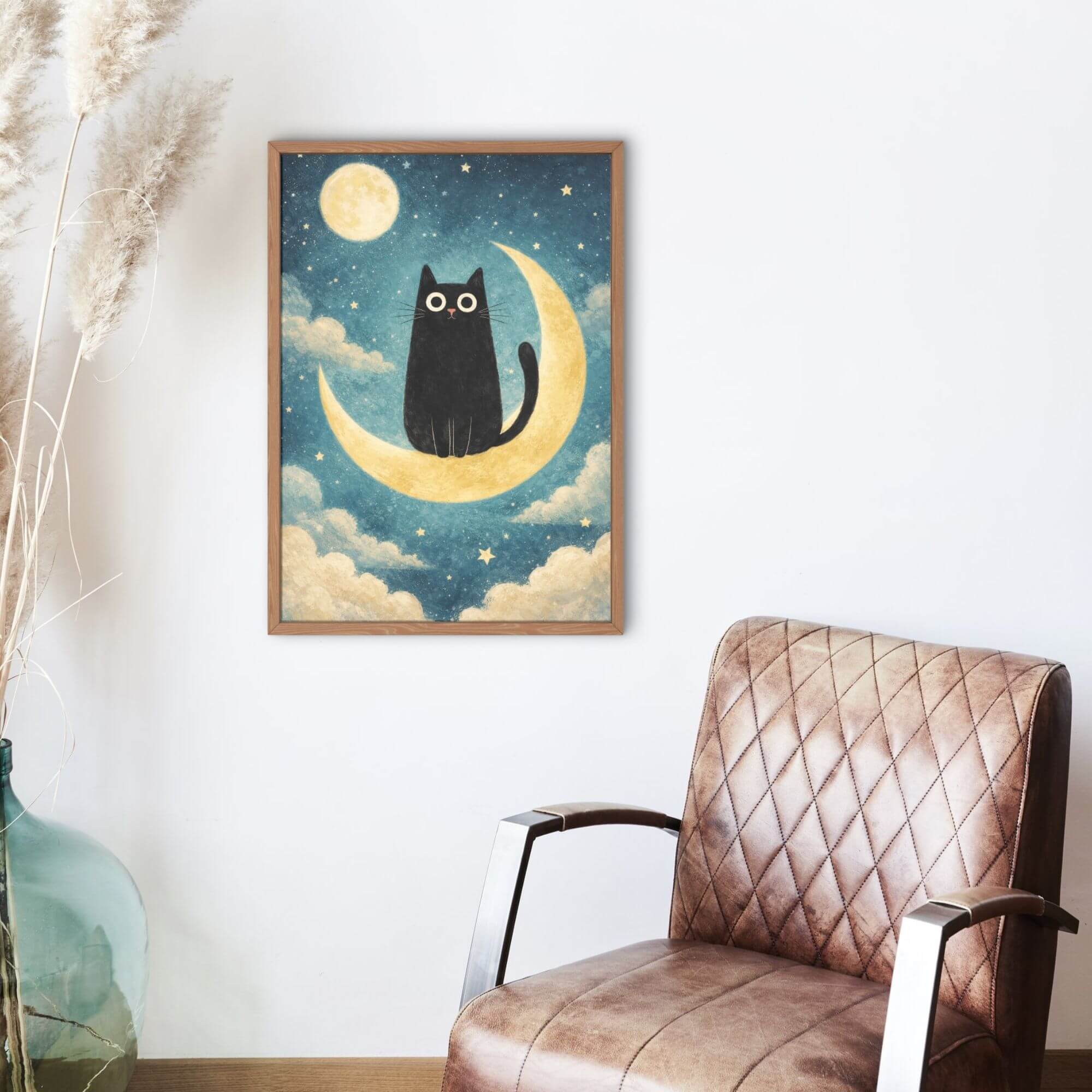 Black Cat on Crescent Moon - Whimsical Night Sky Wall Art, Starry Nursery Decor - Image 3