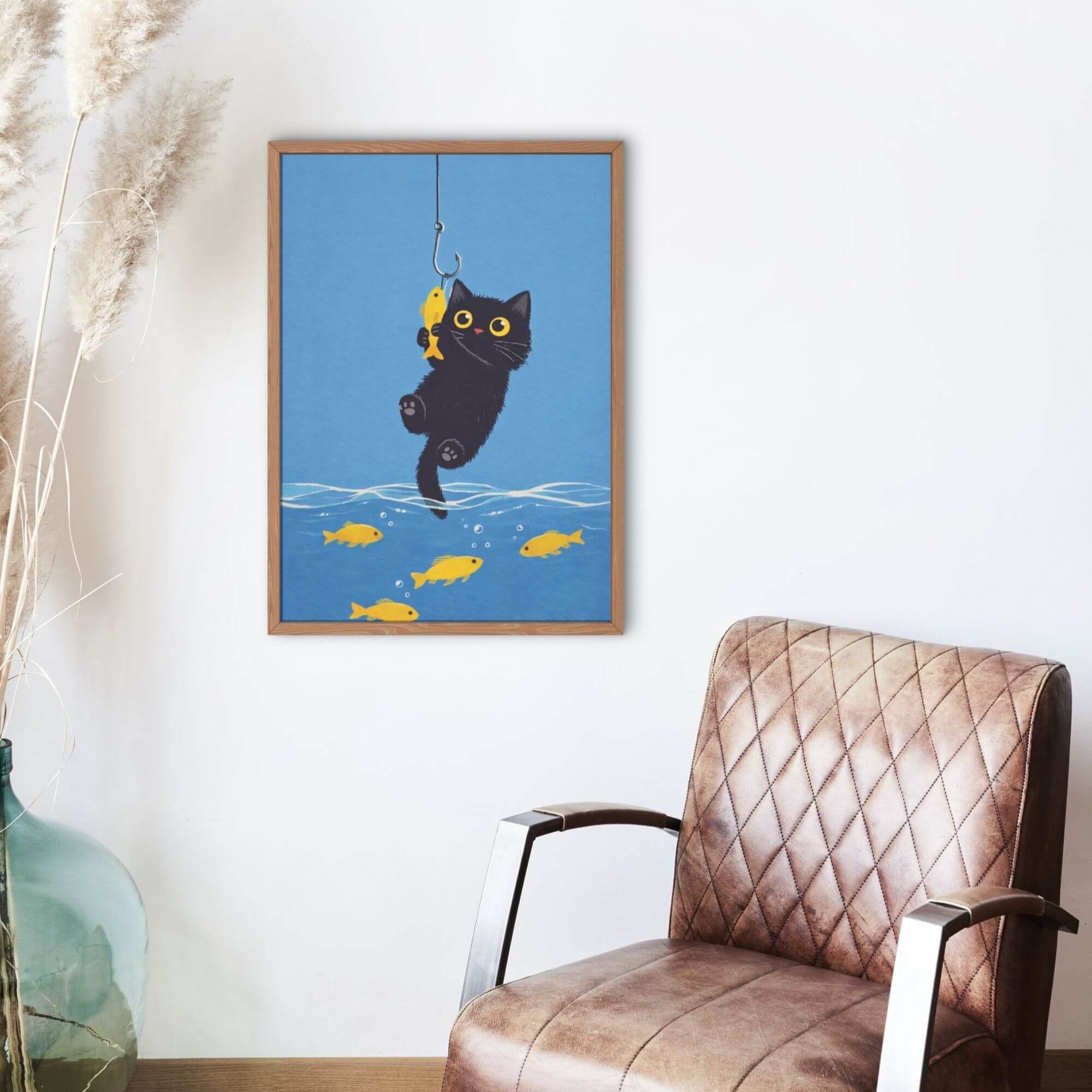Black Cat and Yellow Fish - Quirky Ocean Artwork, Whimsical Pet Decor - Image 3