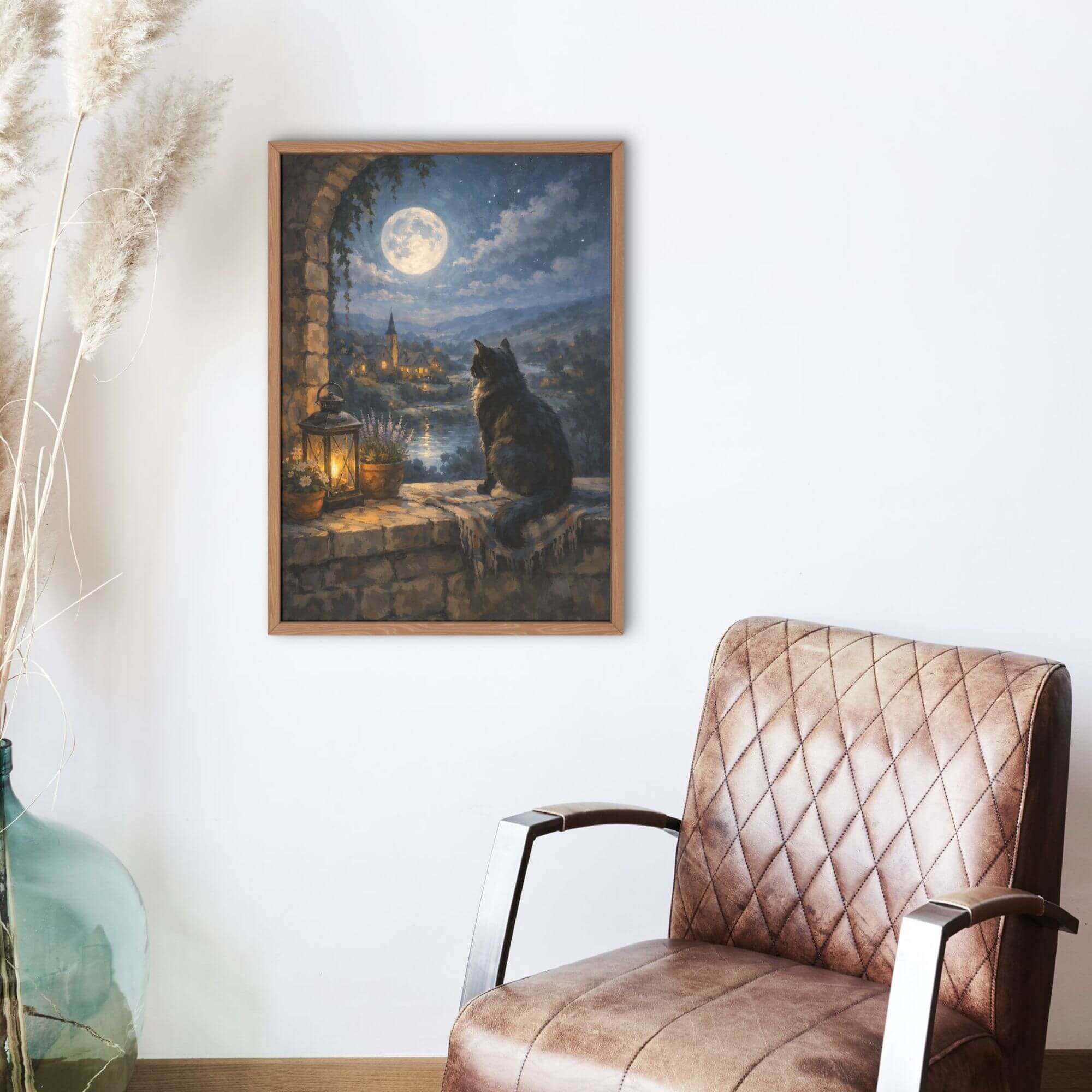 Whimsical Cat Lantern Scene - Starry Night Village Poster, Dreamy Wall Art - Image 3