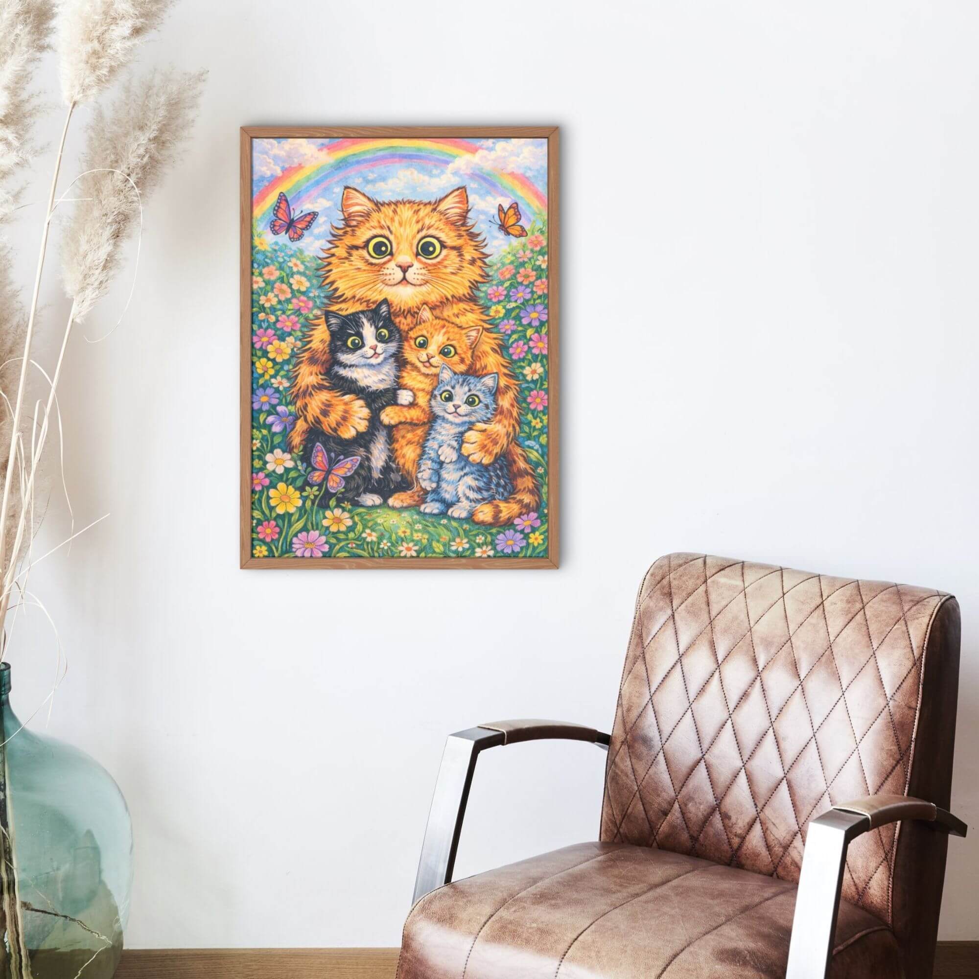 Magical Cat Family Wall Art - Rainbow Floral Poster, Whimsical Nursery Decor, No Text - Image 3