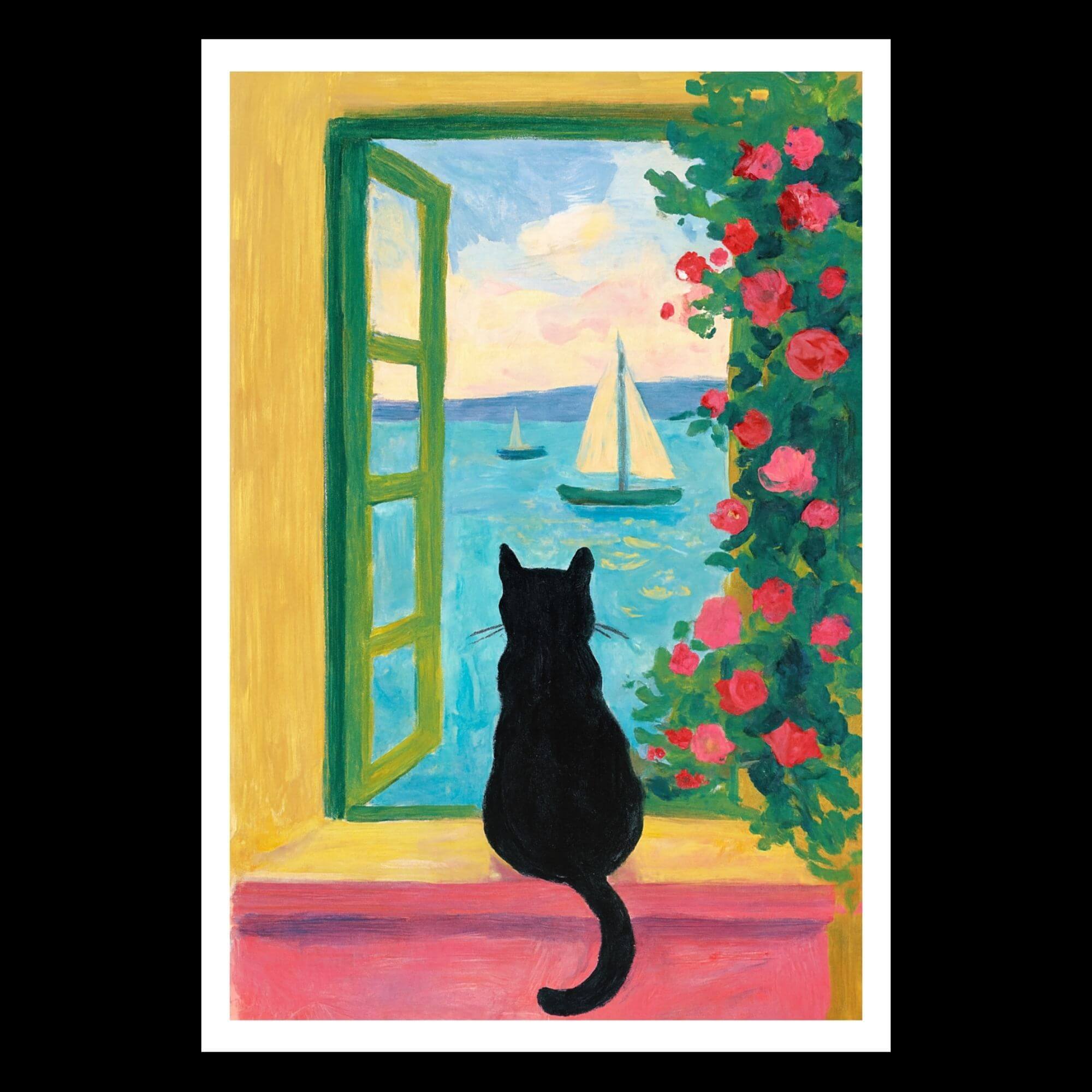 Black Cat Window View Wall Art - Coastal Sunset Print, Peaceful Cat Decor, Seaside Sailboat Scene, Floral Home Accent - Image 4