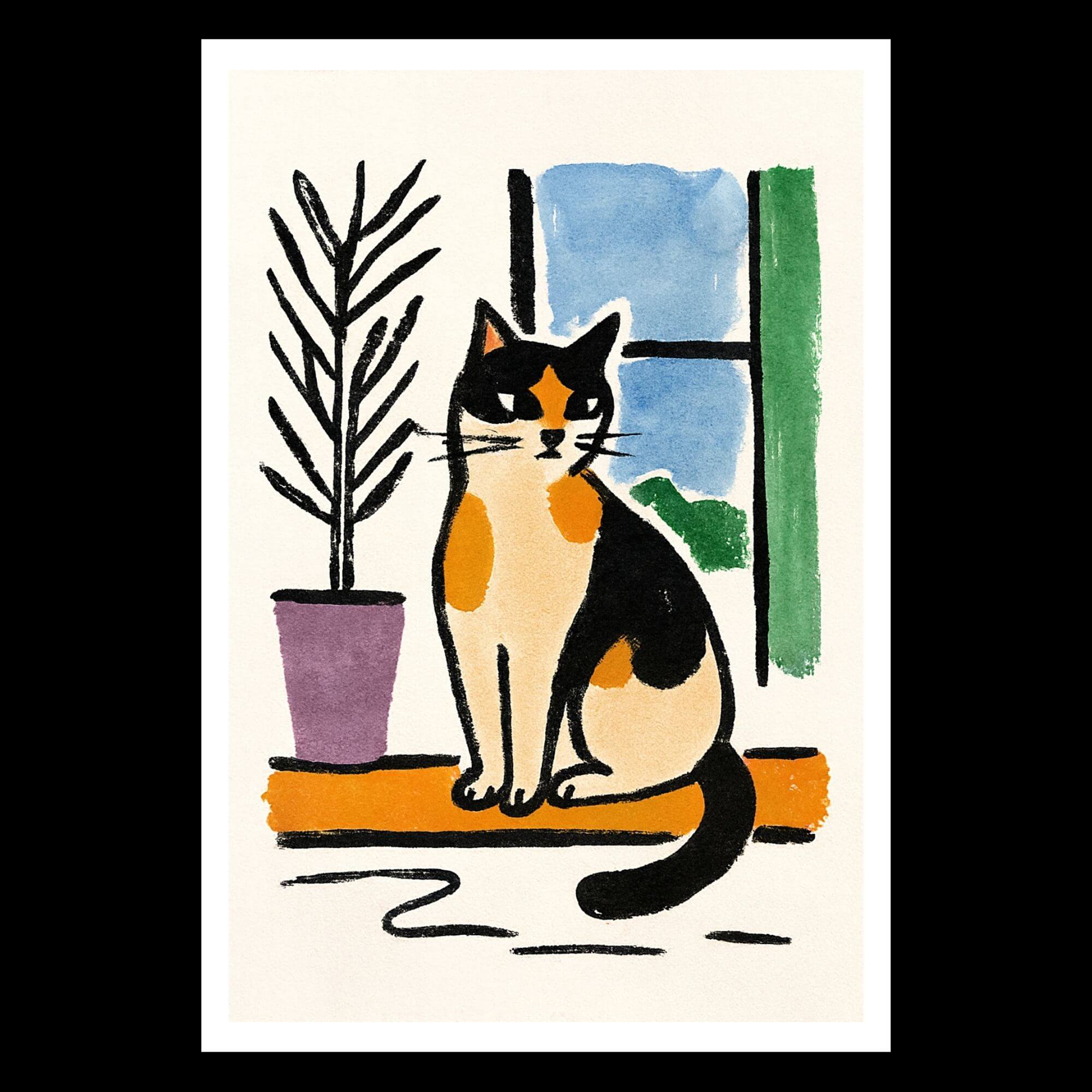 Calico Cat Wall Art - Cozy Window Scene Illustration, Bold Outline Cat Print for Pet Lovers, Minimalist Home Decor - Image 4