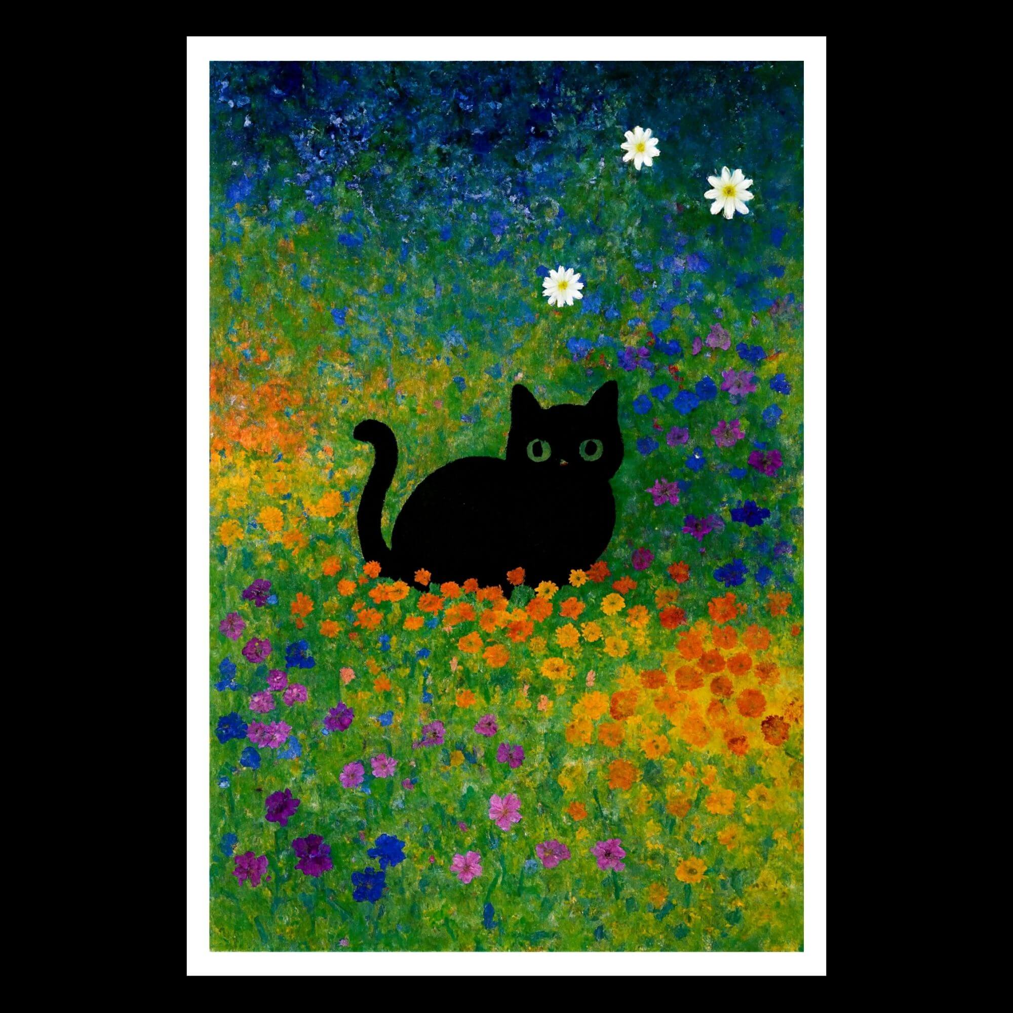 Black Cat in Colorful Flower Field - Whimsical Cat Wall Art Print, Vibrant Pet Decor, Magical Feline Poster for Cat Lovers - Image 4