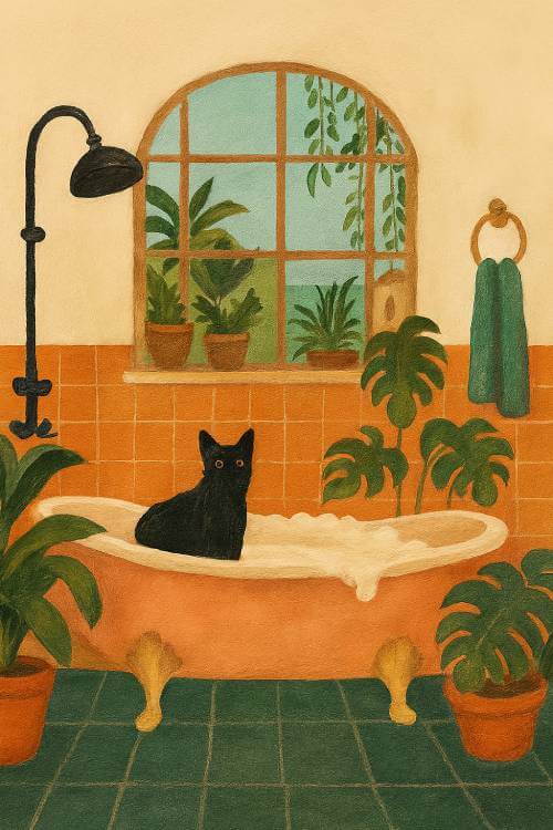 Black Cat in Bubble Bath with Plants
