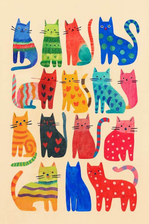 Sixteen Stylized Cats in Grid