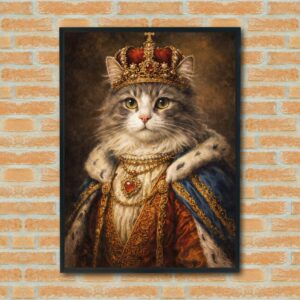 Royal Cat Portrait Wall Art - Crowned Feline King Poster, Whimsical Regal Decor