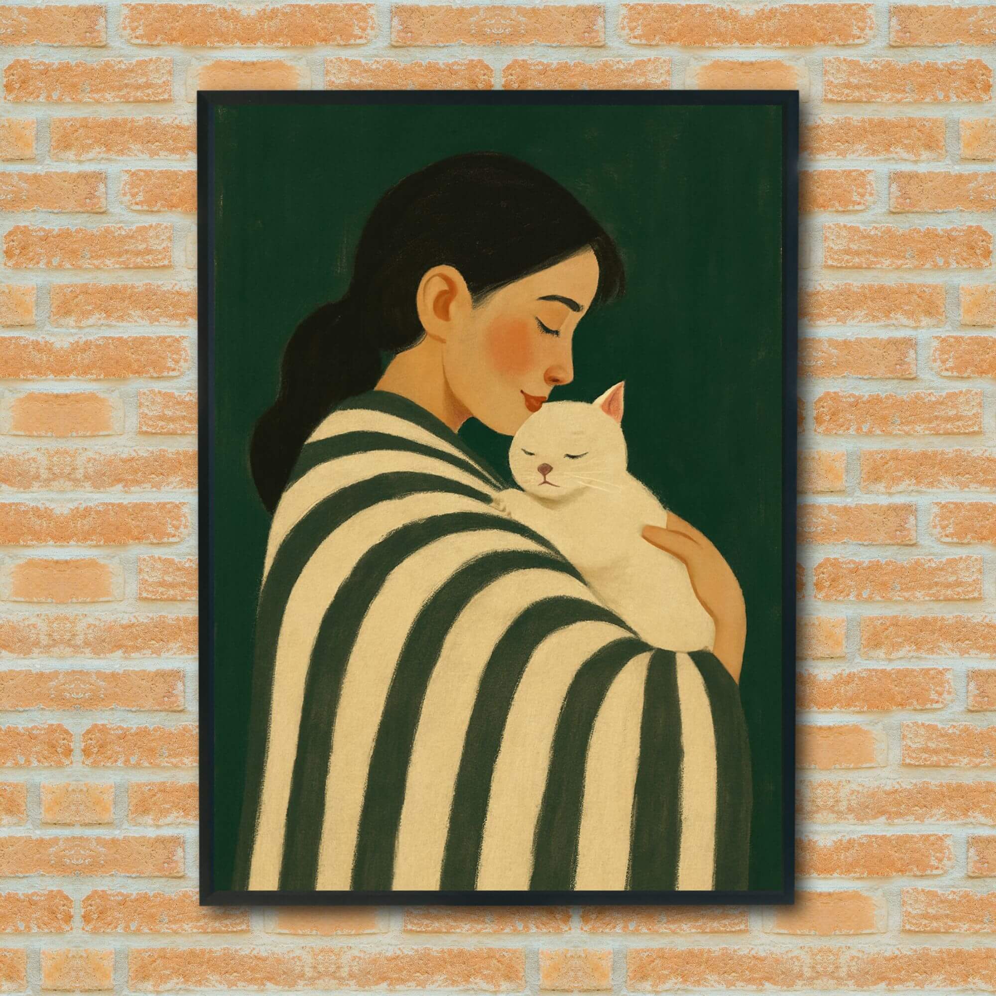 Cozy Cat Hug Wall Art – Minimalist Green & Cream Pet Lover Print for Calm Spaces