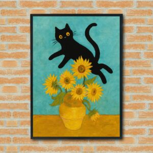 Black Cat & Sunflowers Wall Art - Whimsical Cat Print, Bright Floral Decor, Playful Pet Lover Gift