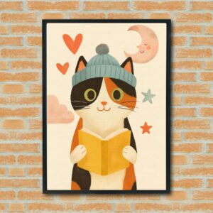 Whimsical Calico Cat Reading Poster – Cozy Kids Room Wall Art