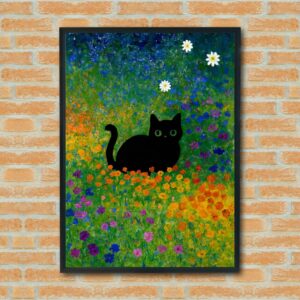 Black Cat in Colorful Flower Field – Whimsical Cat Wall Art Print, Vibrant Pet Decor, Magical Feline Poster for Cat Lovers