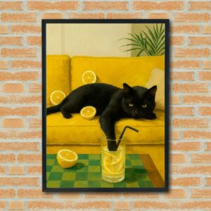 Black Cat Lemonade Lounge - Funny Cat Wall Art, Vibrant Yellow Decor, Quirky Animal Print for Kitchen or Living Room