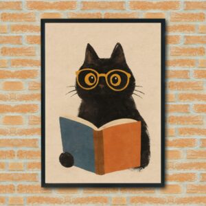 Black Cat Reading Book Wall Art - Cute Cat Poster with Glasses - Whimsical Animal Decor for Book Lovers & Kids Room
