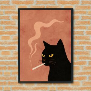 Black Cat Smoking Art Print - Surreal Minimalist Wall Decor for Cat Lovers & Modern Homes
