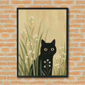 Black Cat Wall Art - Minimalist Cat Print with Wildflowers, Boho Animal Decor for Living Room or Nursery