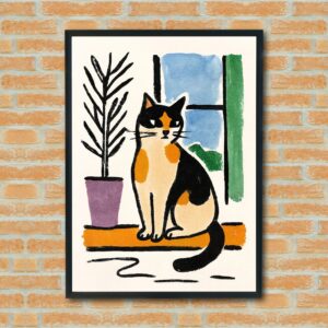 Calico Cat Wall Art - Cozy Window Scene Illustration, Bold Outline Cat Print for Pet Lovers, Minimalist Home Decor