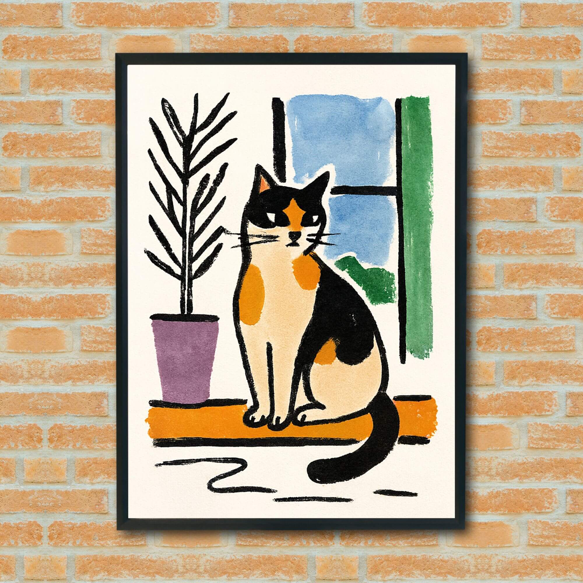 Calico Cat Wall Art - Cozy Window Scene Illustration, Bold Outline Cat Print for Pet Lovers, Minimalist Home Decor