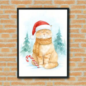 Christmas Cat Wall Art, Holiday Cat Illustration Print, Watercolor Cat with Santa Hat, Winter Cat Decor, Cute Cat Nursery Art, Festive Pet Artwork